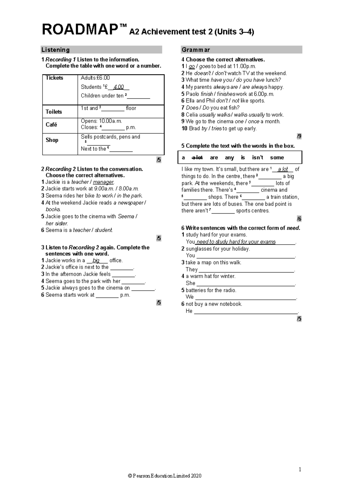 A2 Achievement Test 2 Format (Units 3–4) Listening & Grammar - Studocu