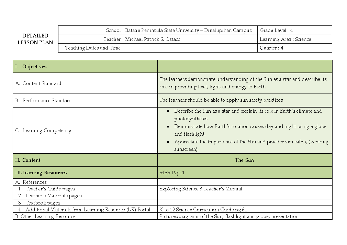 Ostaco DLP-Science Inter: Detailed Lesson Plan on the Sun for Grade 4 ...