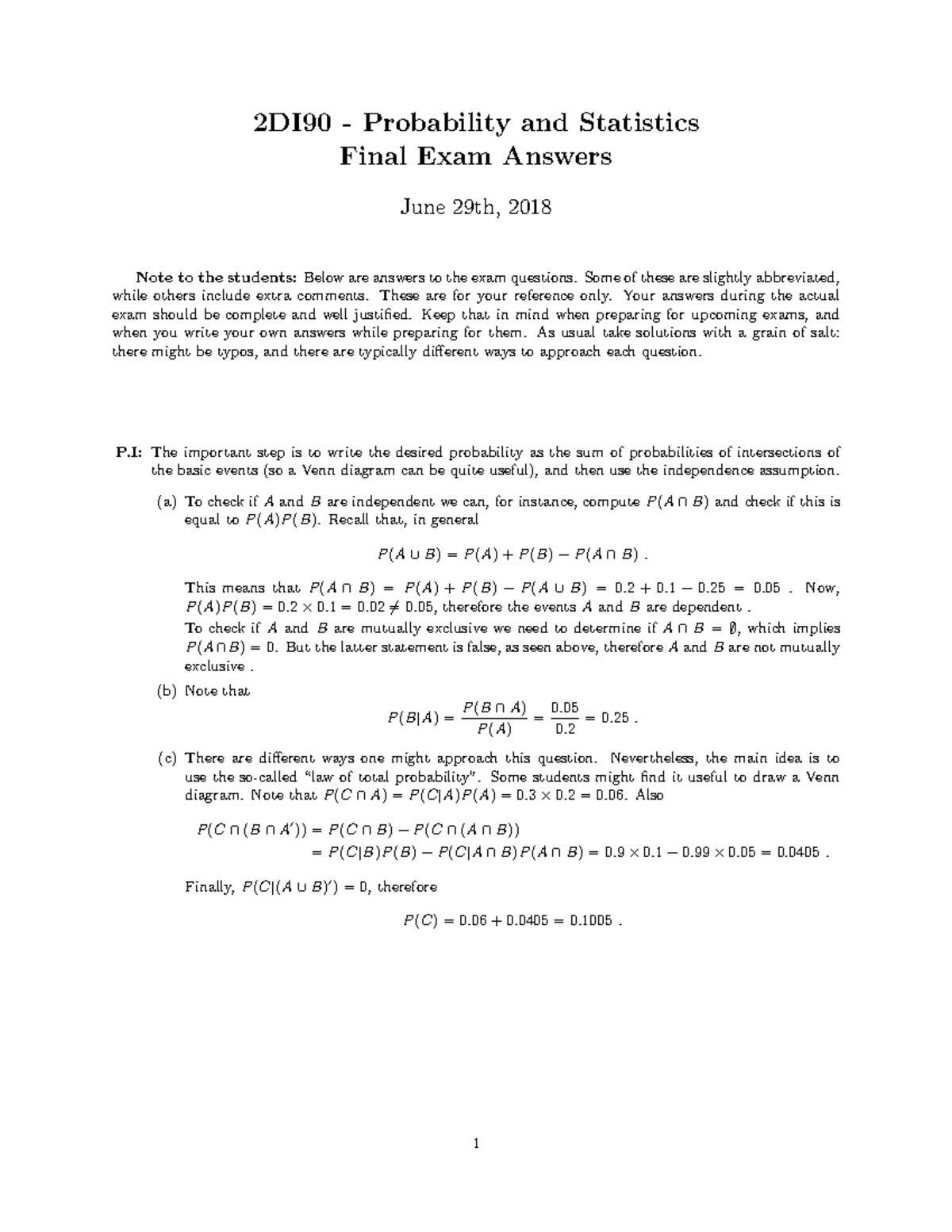 Final Exam Answers for 2DI90 - Probability and Statistics (June 2018 ...