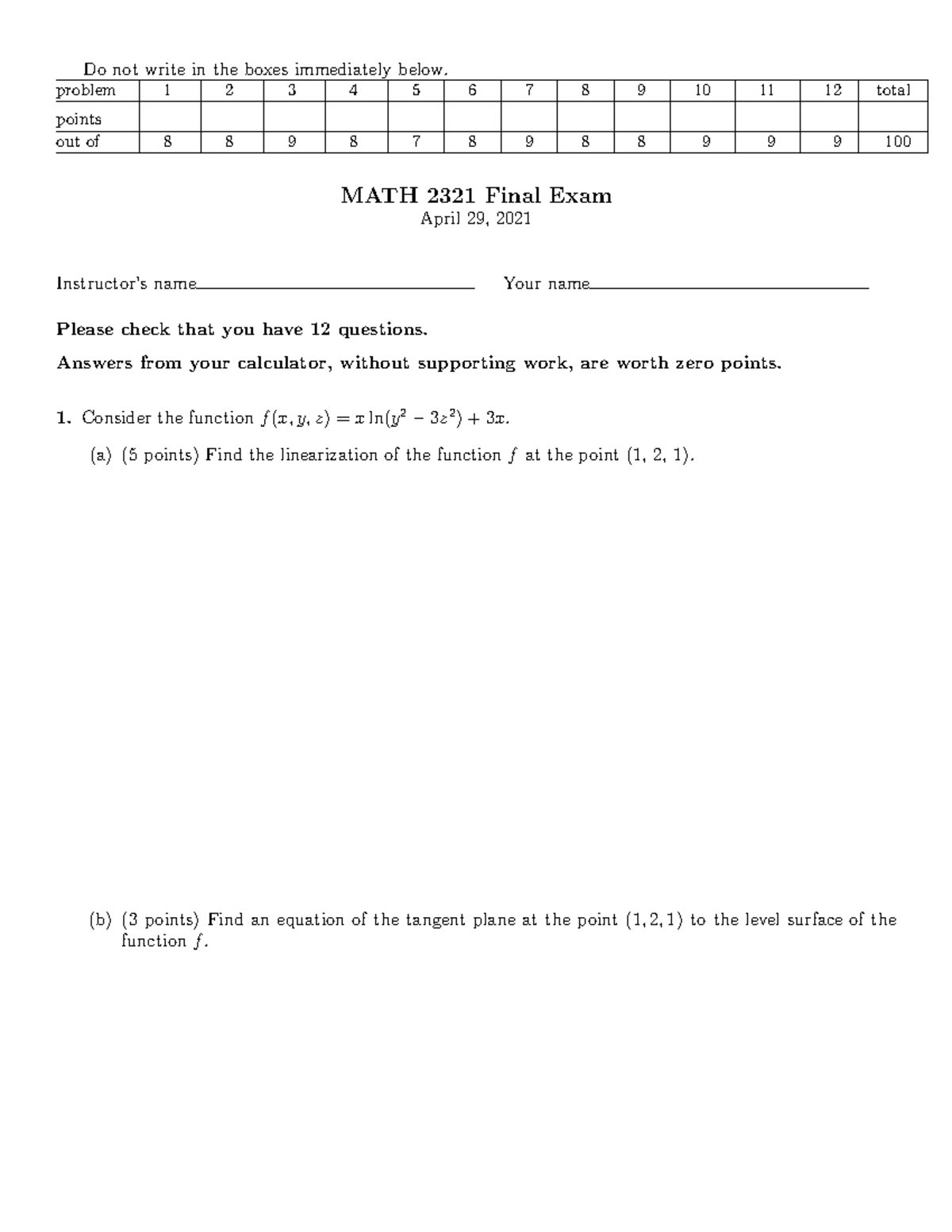MATH 2321 Final Exam Practice Test - Spring 2021 - Studocu
