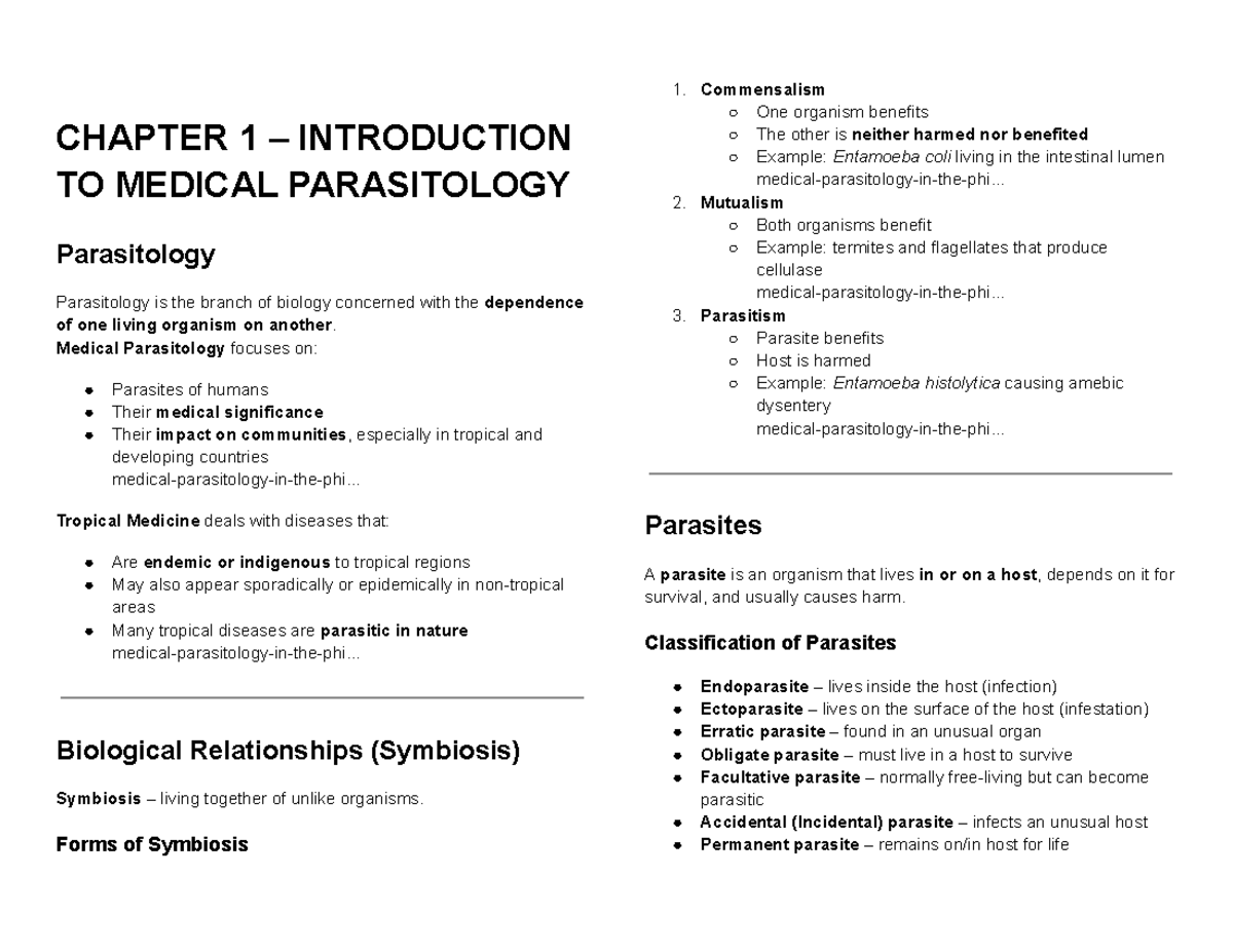 CHAPTER 1-2: INTRODUCTION TO MEDICAL PARASITOLOGY - Studocu