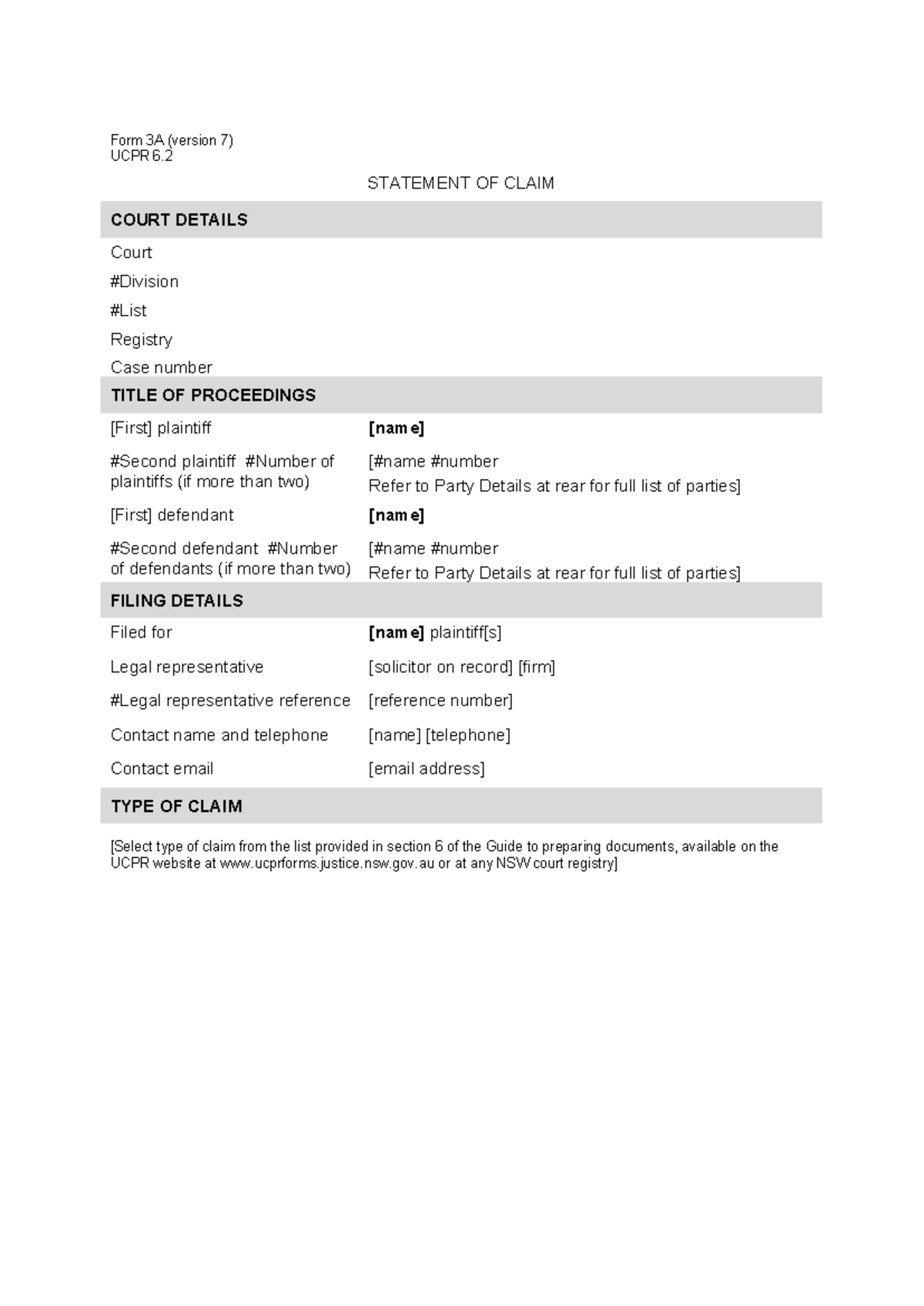 UCPR Form 3A - Statement of Claim Instructions and Template - Studocu