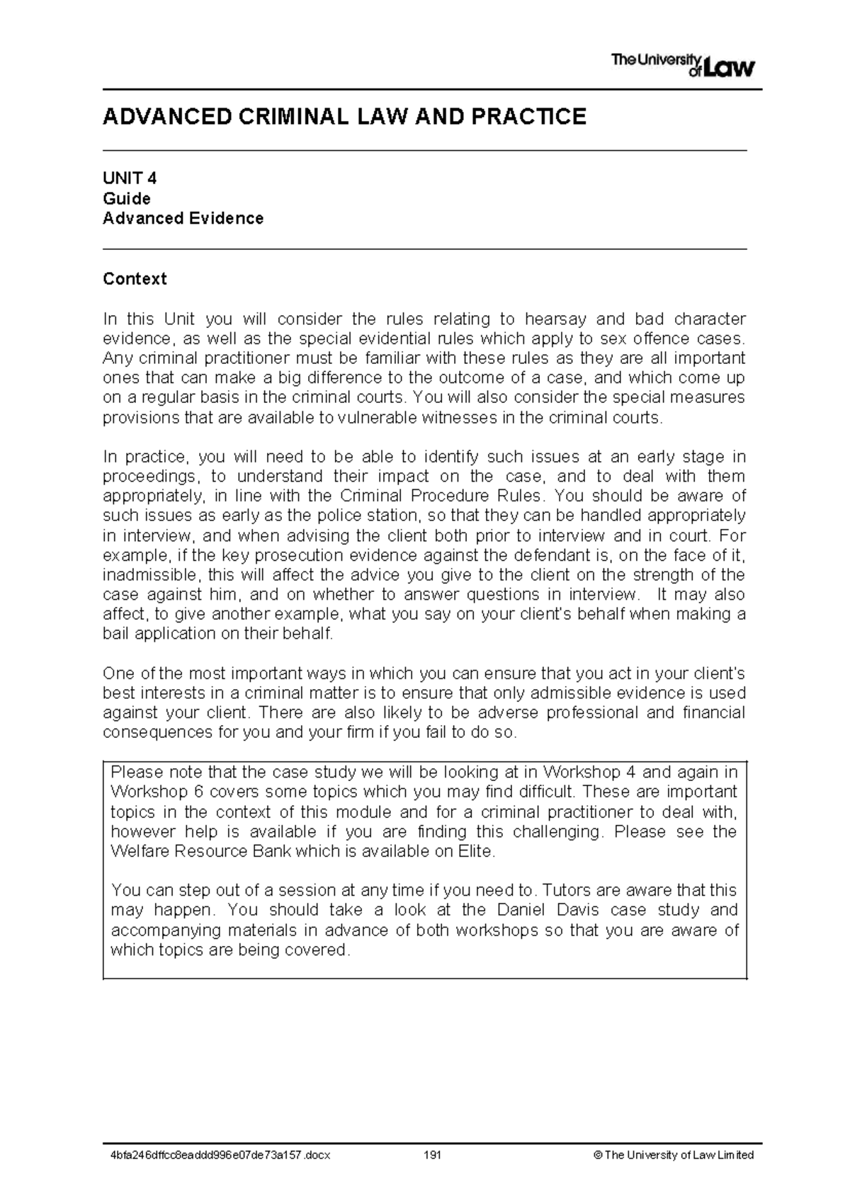 ADVANCED CRIMINAL LAW AND PRACTICE UNIT 4 Workshop 4 Evidence Guide ...
