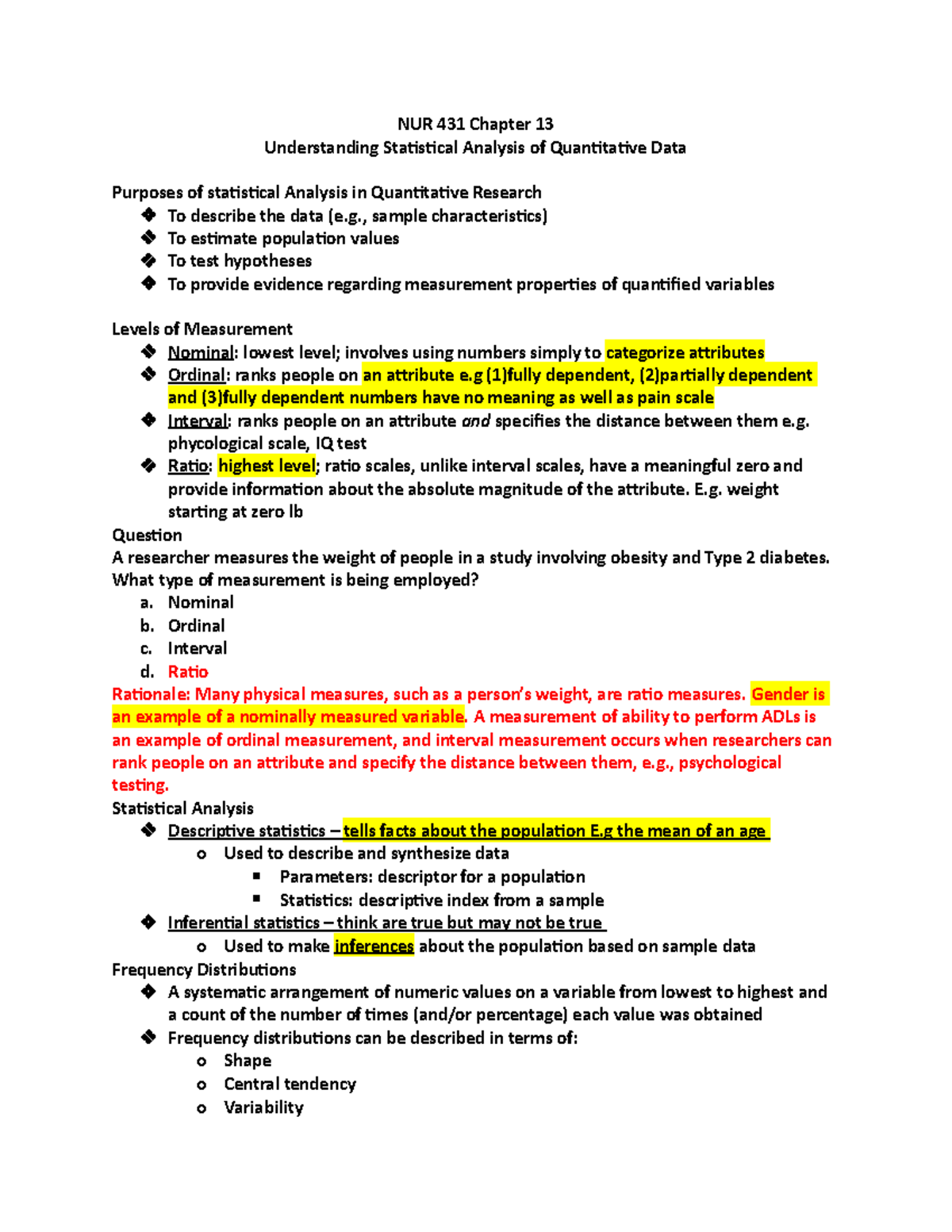 NUR 431 Chapter 13 Study Guide: Statistical Analysis in Quantitative ...