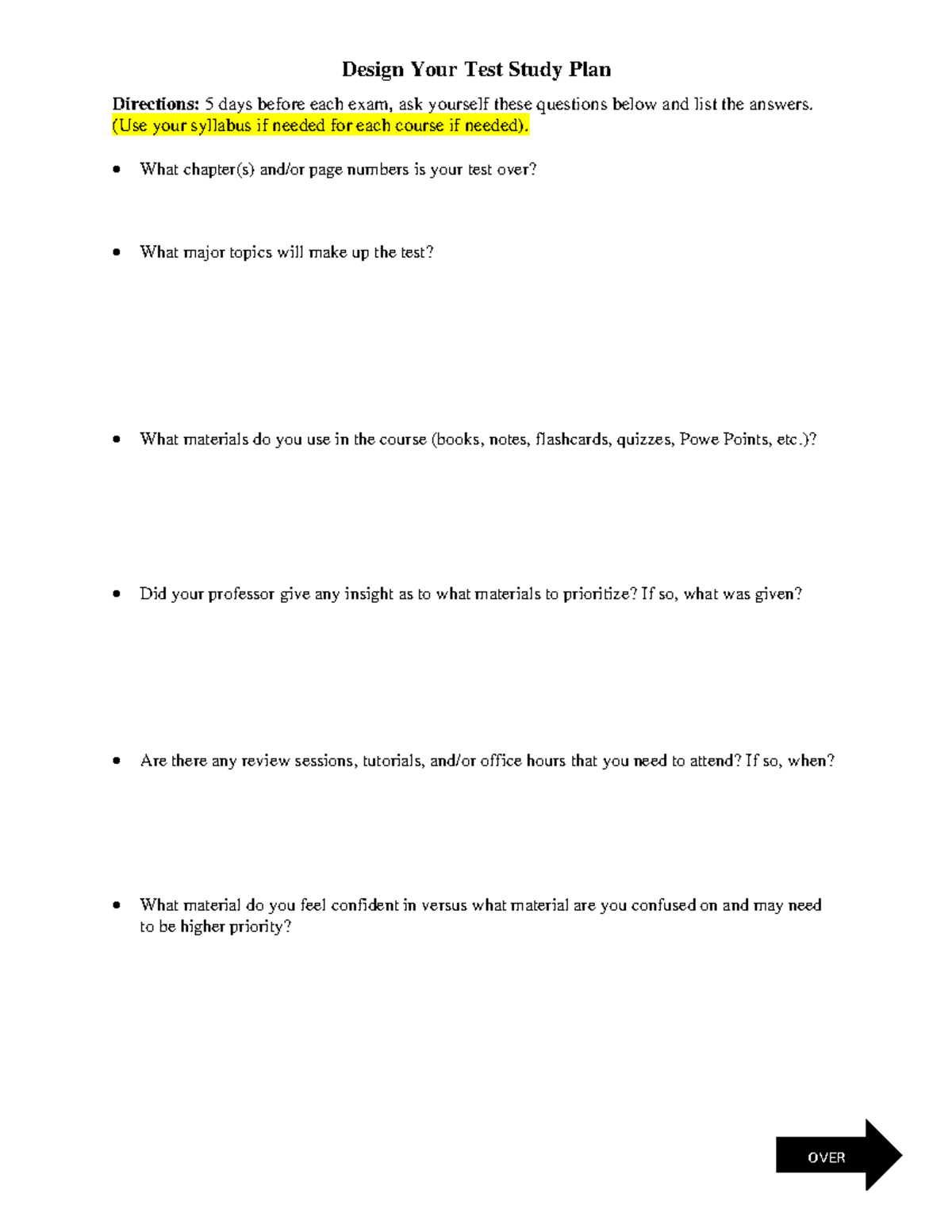 Exam Study PLAN Template: Test Preparation Strategy Guide - Studocu
