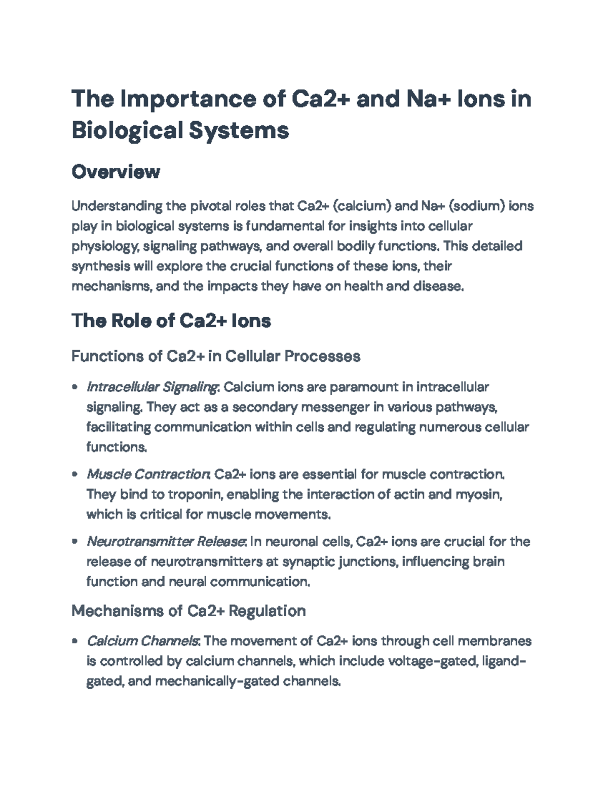 The Roles of Ca2+ and Na+ Ions in Biological Systems - Overview - Studocu