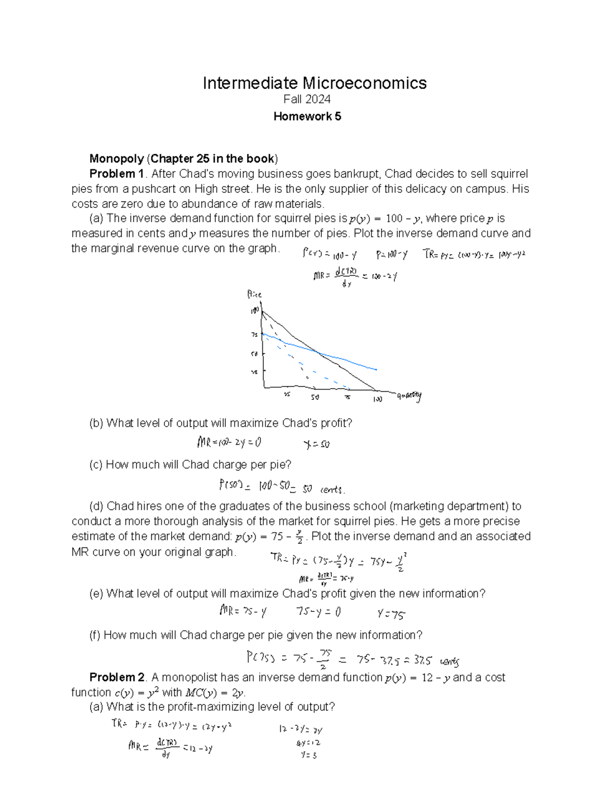 Intermediate Microeconomics Fall 2024 Homework 5: Monopoly analysis ...