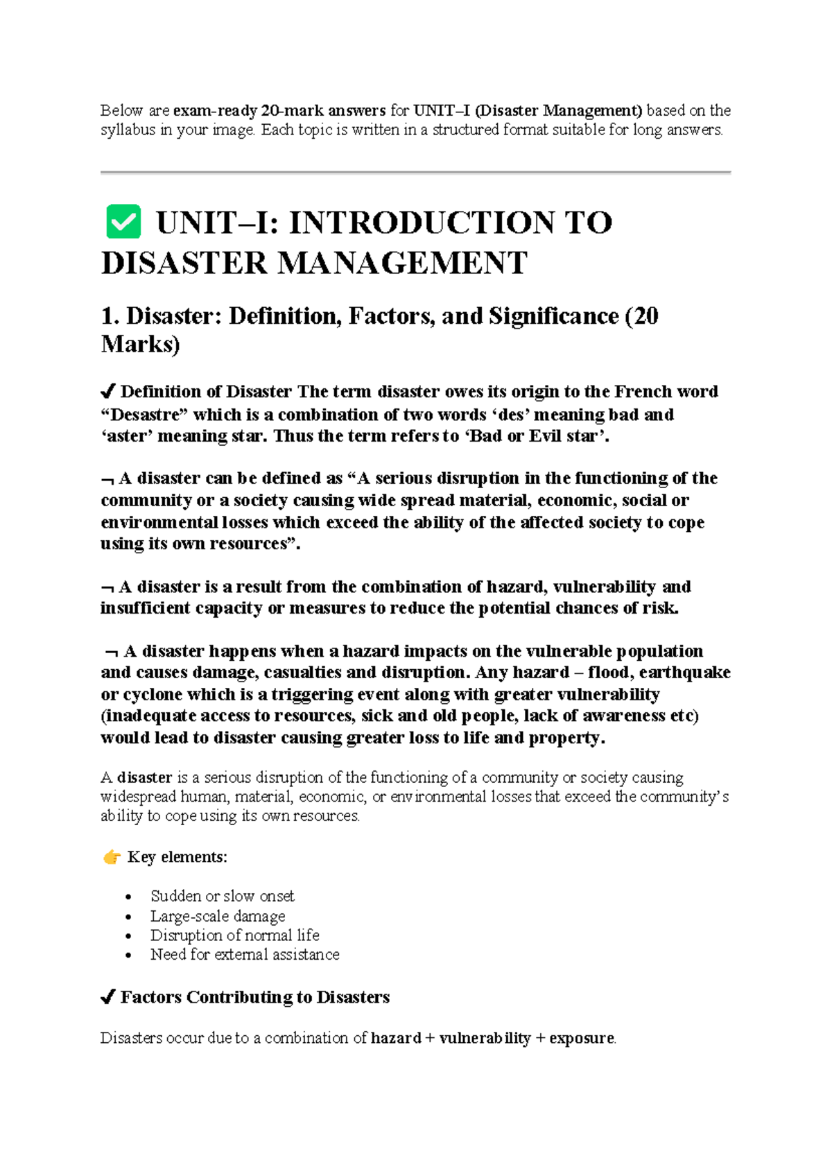 Disaster Management (DM101): Comprehensive Study Notes for Unit 1 - Studocu