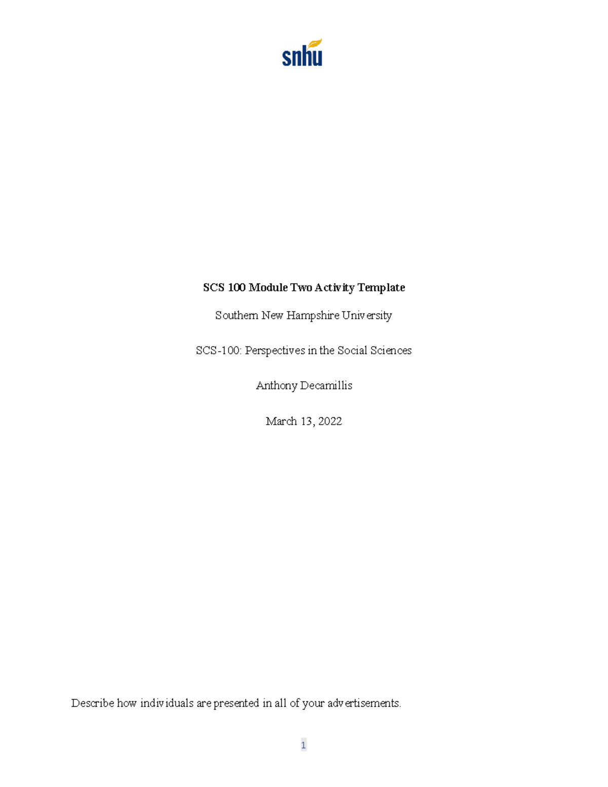 SCS 100 Module 2 Activity: Analyzing Advertisement Representation - Studocu