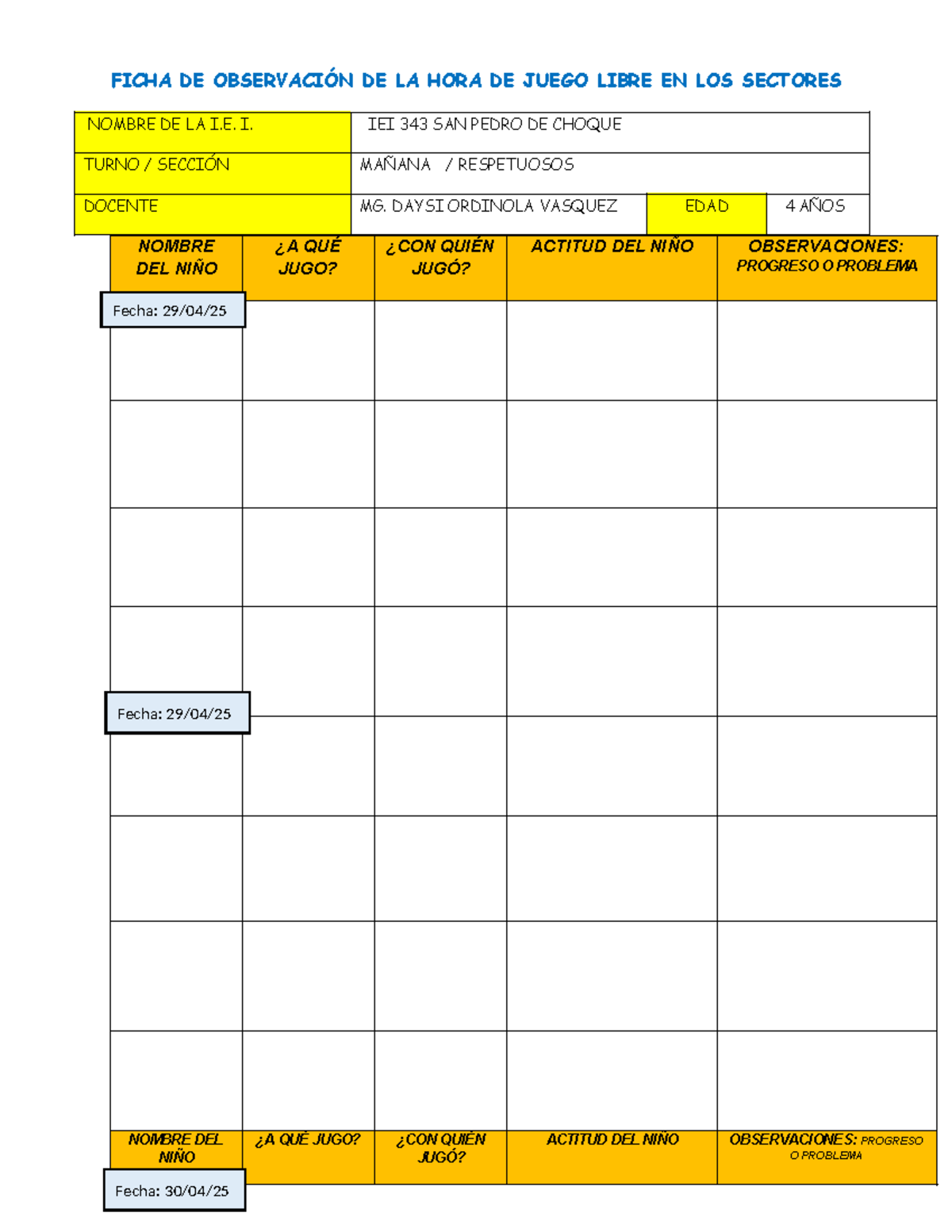 Ficha DE Observación DE LA HORA DE Juego Libre EN LOS Sectores - FICHA ...