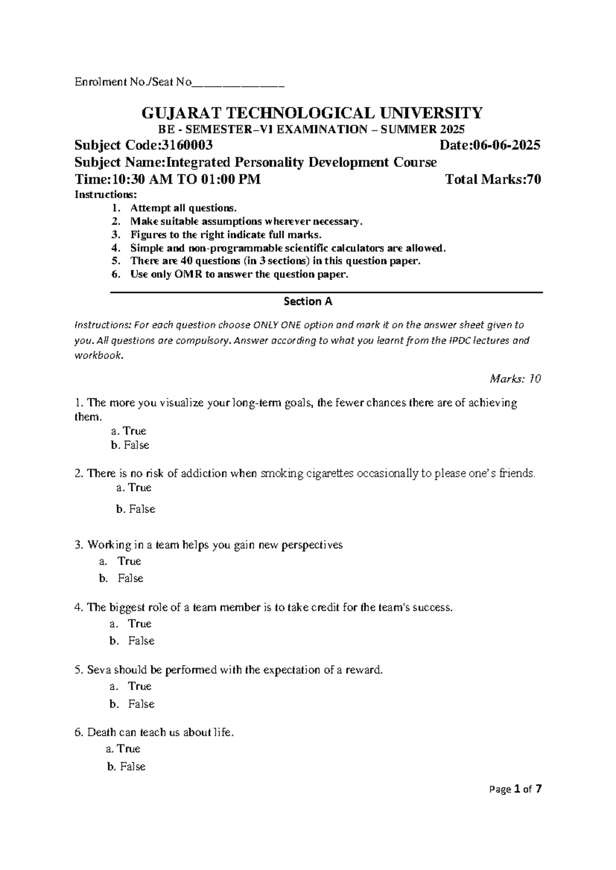 BE Semester VI Exam - Integrated Personality Development Course - Studocu