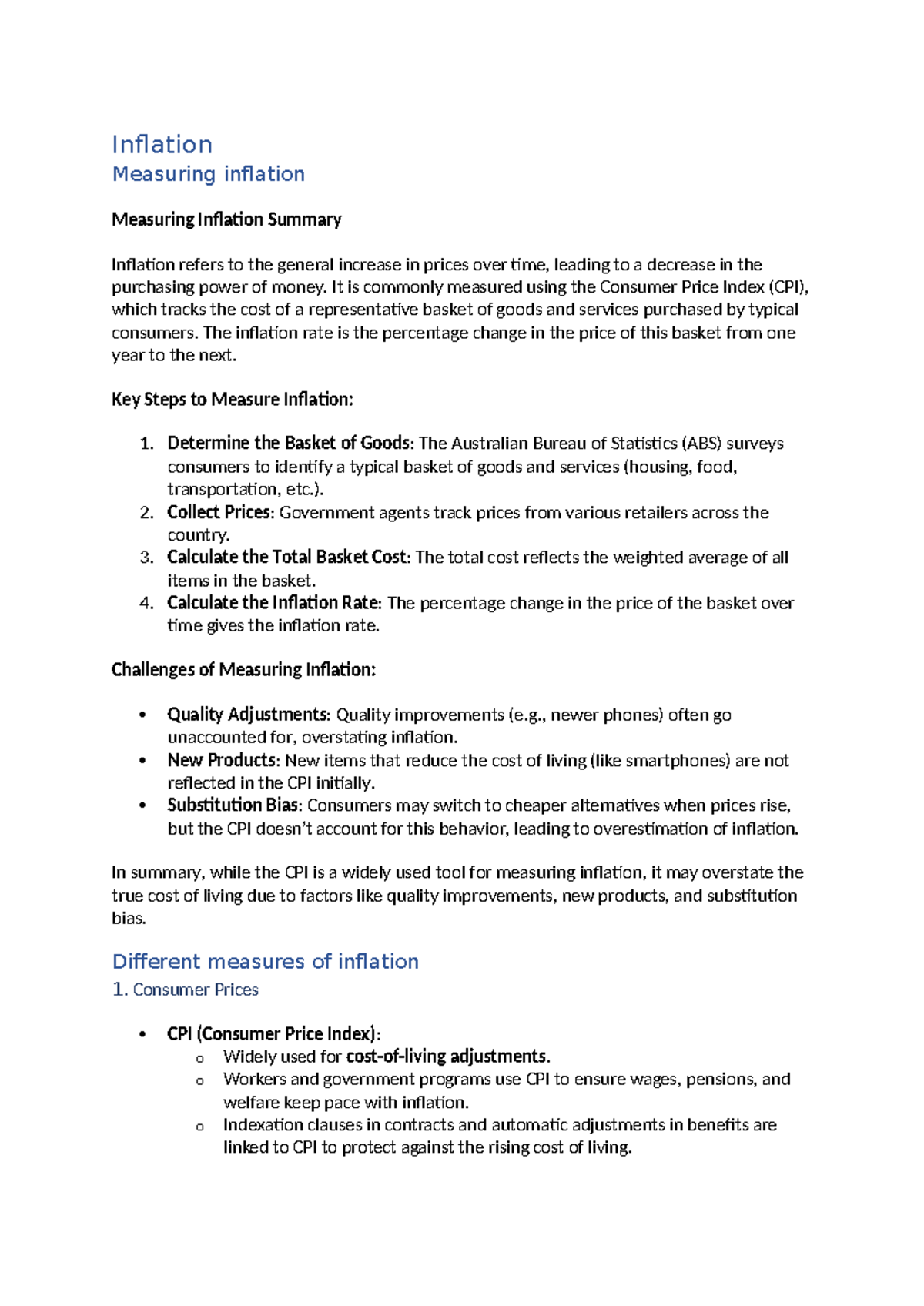 Inflation Notes - Understanding Measurement, Types, and Impacts - Studocu