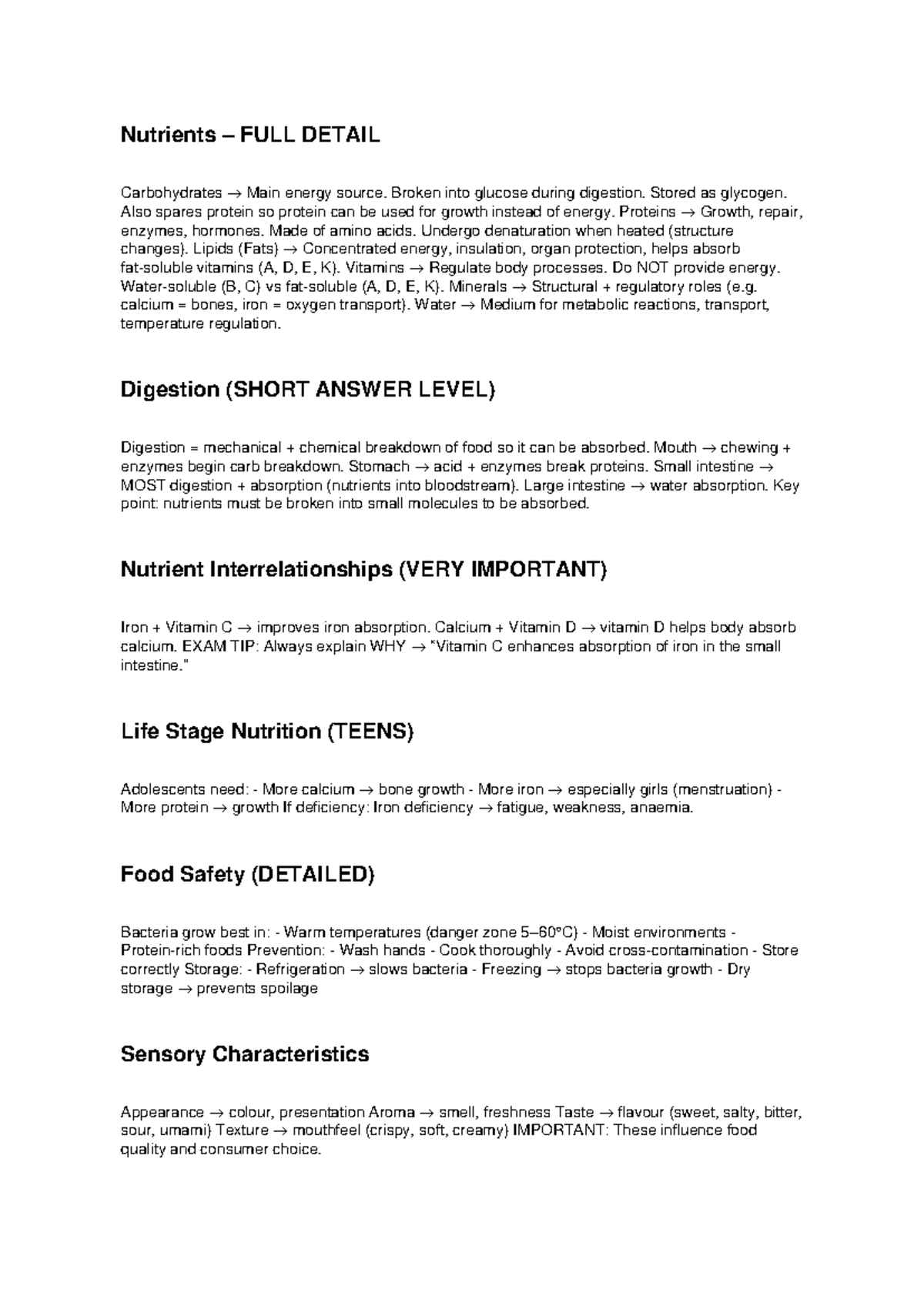 Food Tech Detailed Exam Notes: Nutrients & Digestion Overview - Studocu