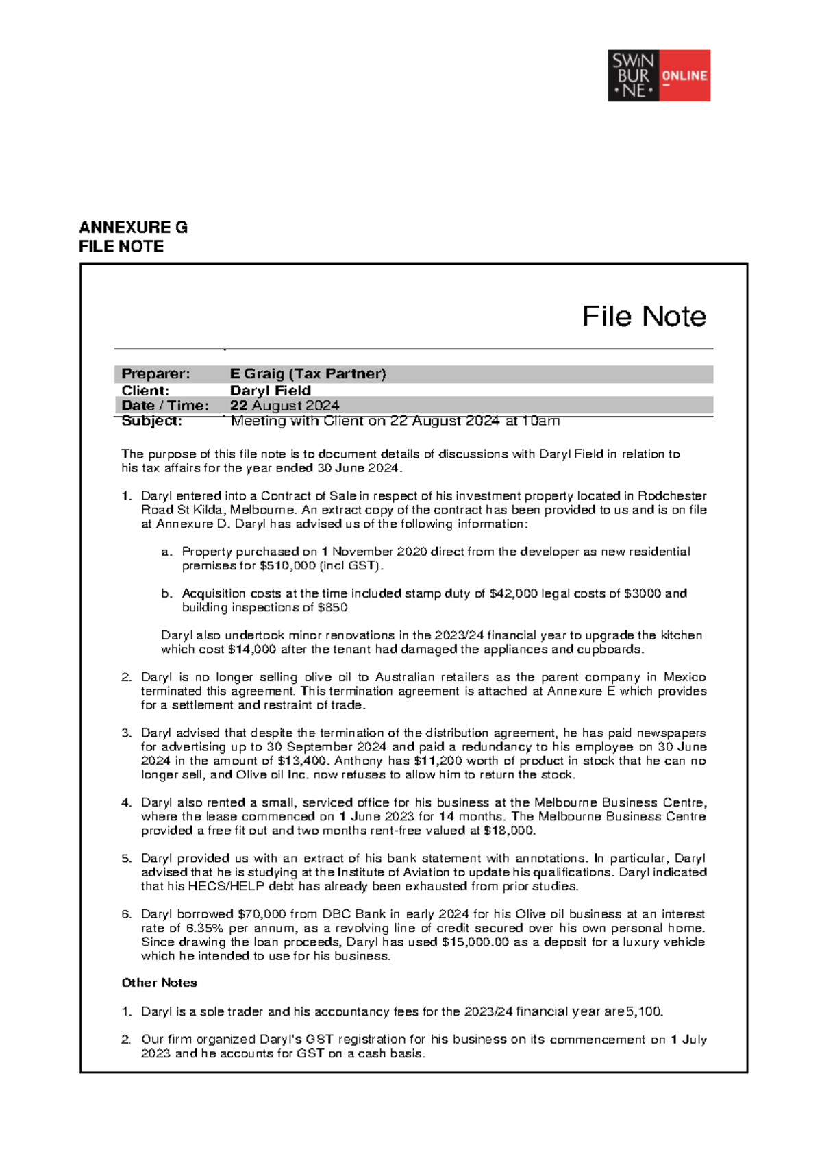 File Note: Tax Affairs Discussion with Daryl Field - Assignment 2 - Studocu