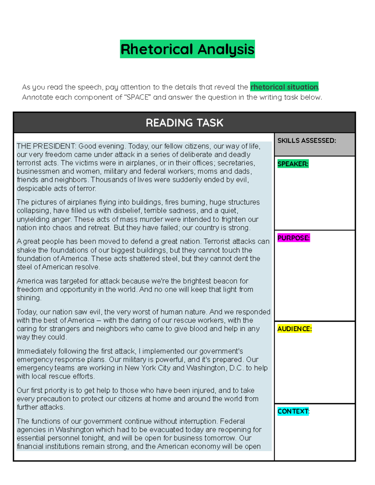 Rhetorical Analysis of President Bush's 9/11 Speech: SPACE