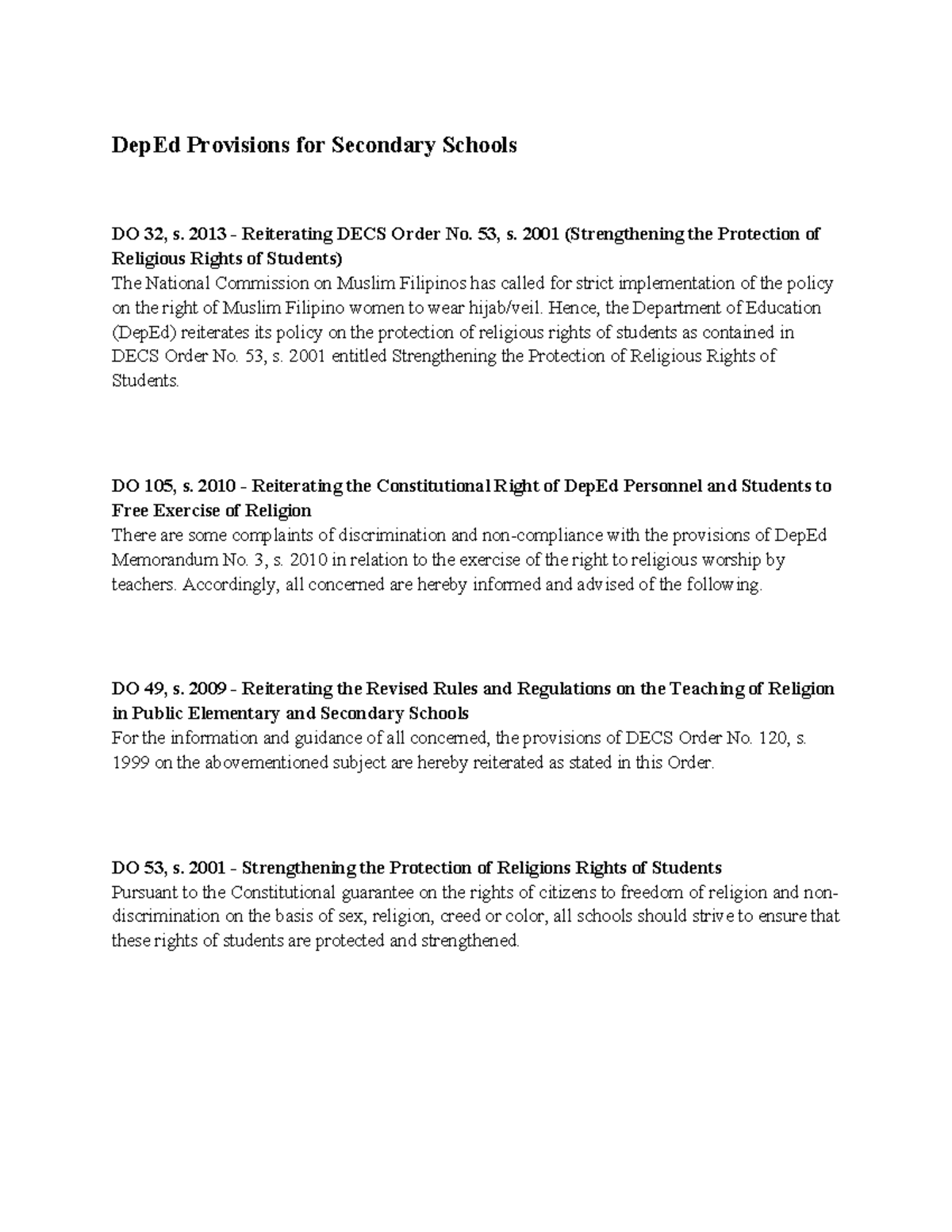 DepEd Orders on Religious Rights & Education Policies for Secondary ...