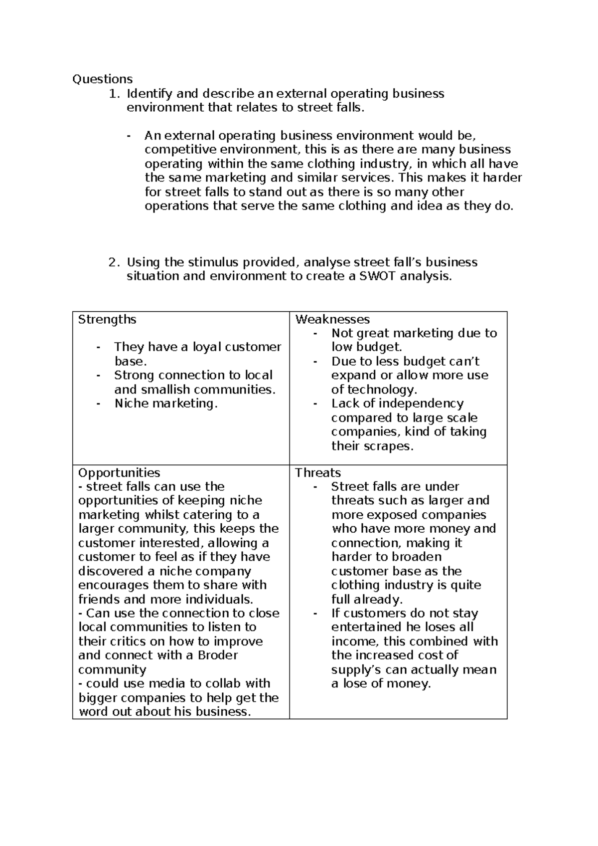 SWOT Analysis of Street Falls Business Environment (BIOL 101) - Studocu