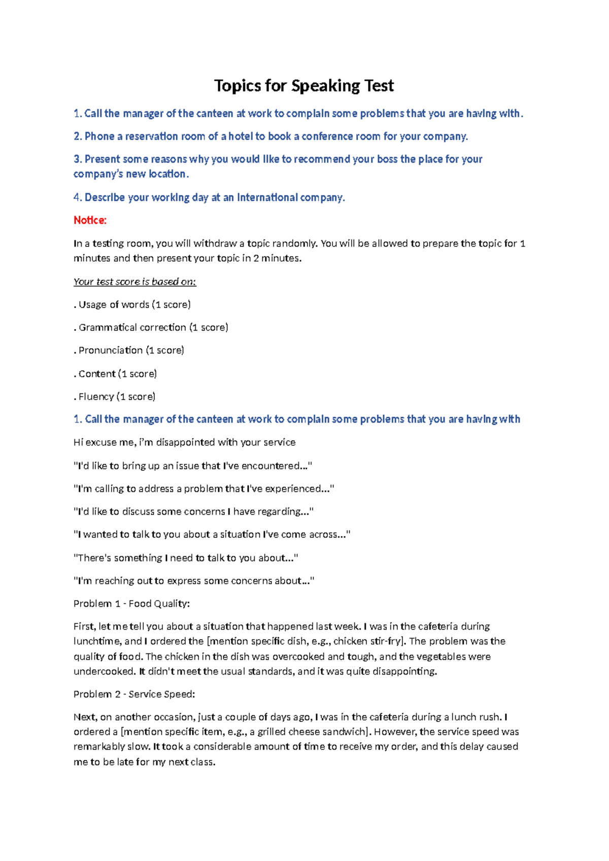 Speaking test topics for effective communication practice - Studocu