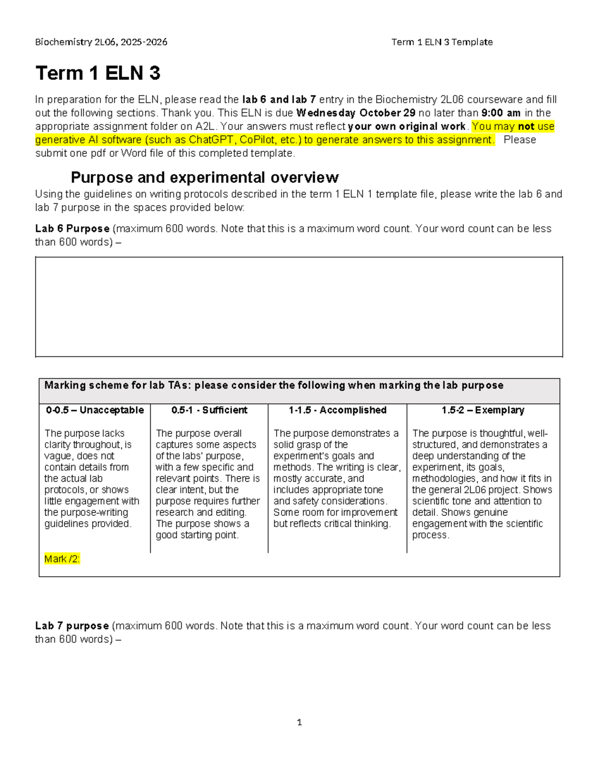 Biochemistry 2L06 Term 1 ELN 3 Template and Guidelines - Studocu