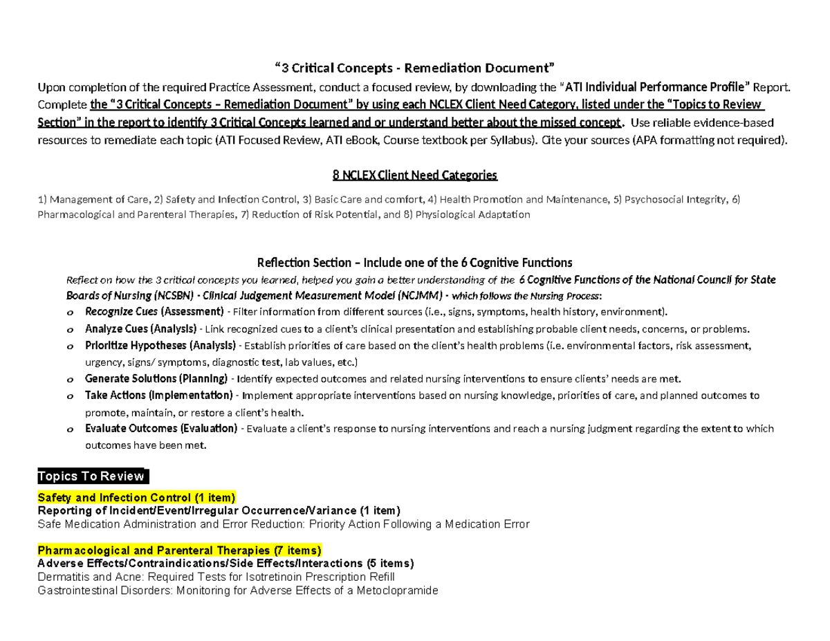 3 Critical Concepts for NCLEX - NURS 180 Remediation Document - Studocu