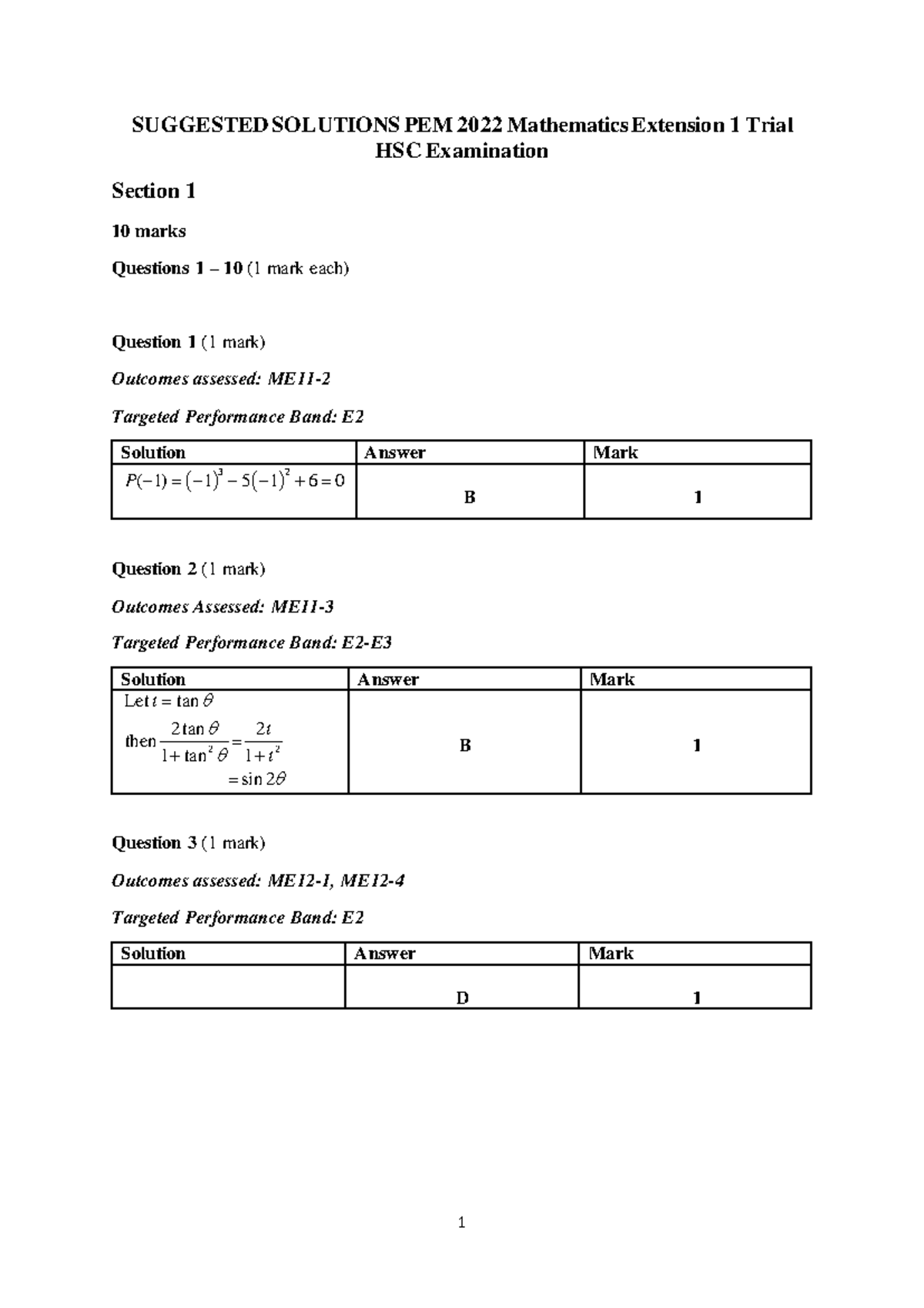PEM 2022 Mathematics Extension 1 Trial HSC Exam Solutions and Marking ...