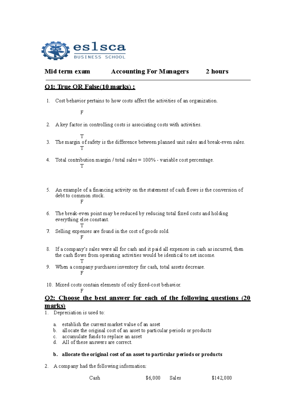 Midterm Exam - Accounting for Managers (Test 1) Answer Key - Studocu