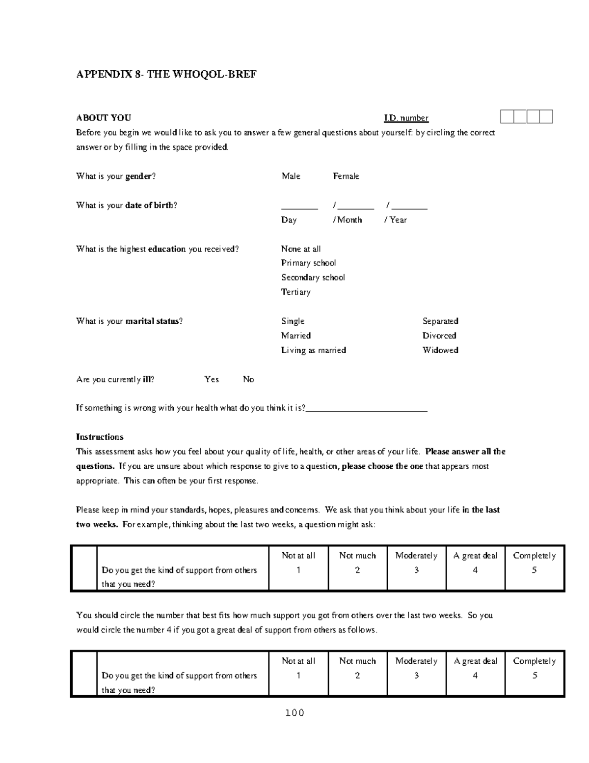 WHOQOL-BREF Questionnaire Manual - English Version - Studocu