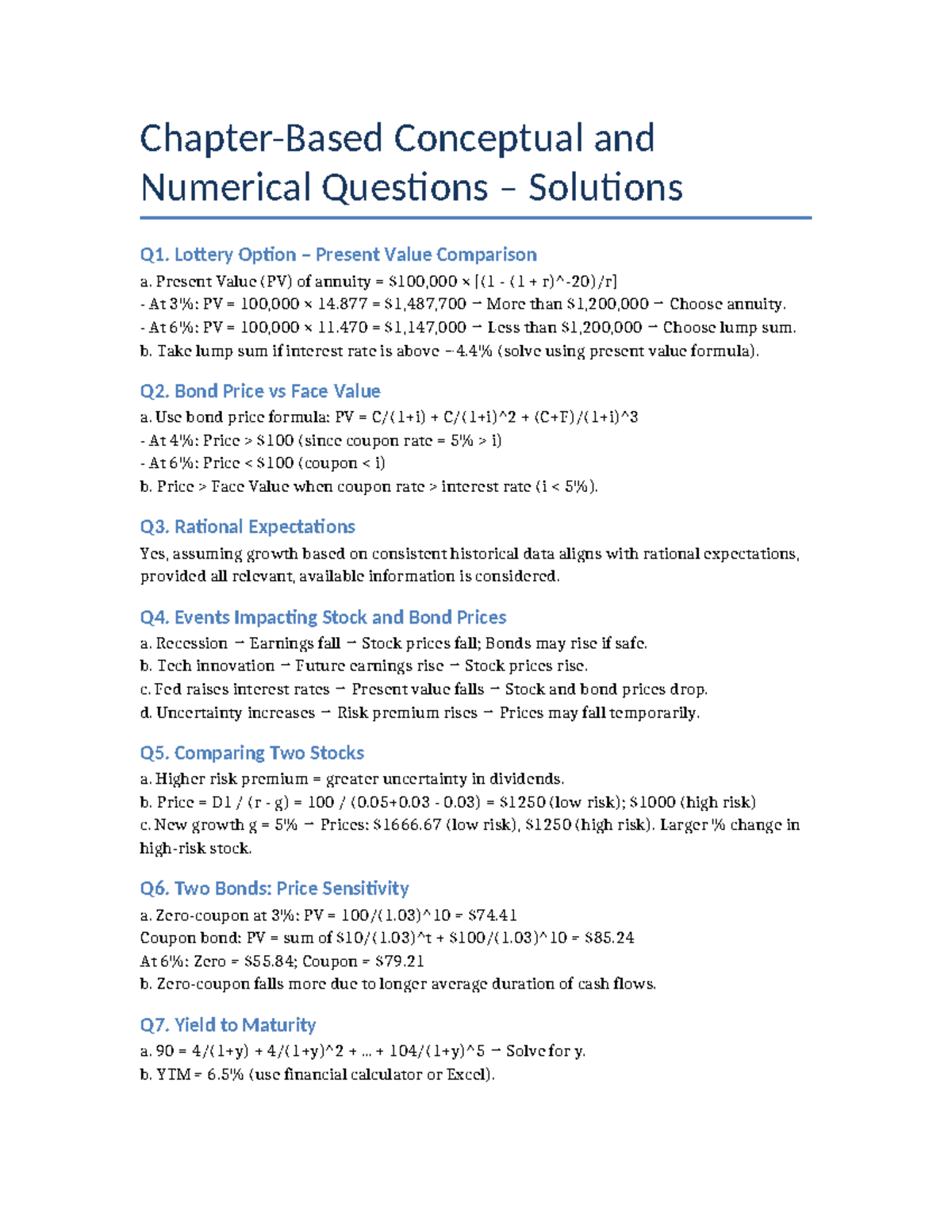 Chapter 3 Asset Prices: Solutions to Conceptual & Numerical Questions ...