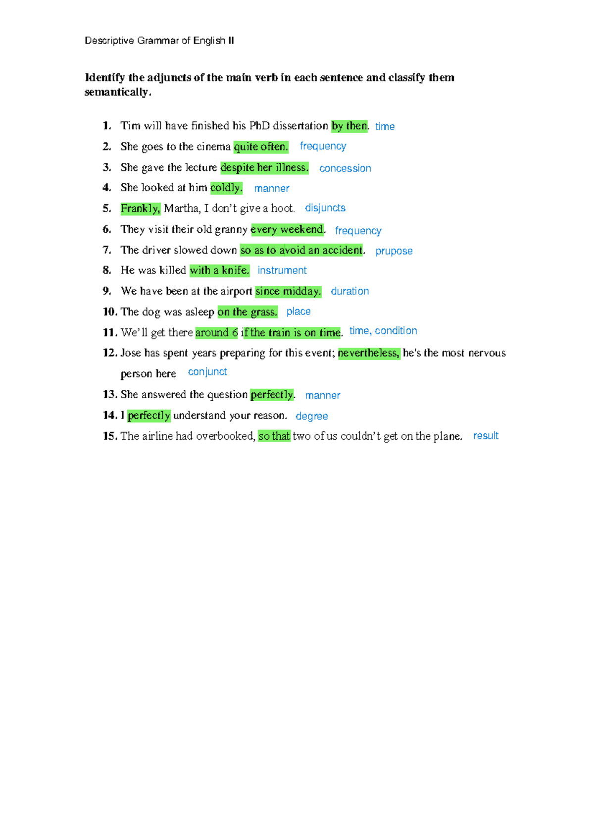 Adjunct Identification Exercise - Descriptive Grammar II - Studocu