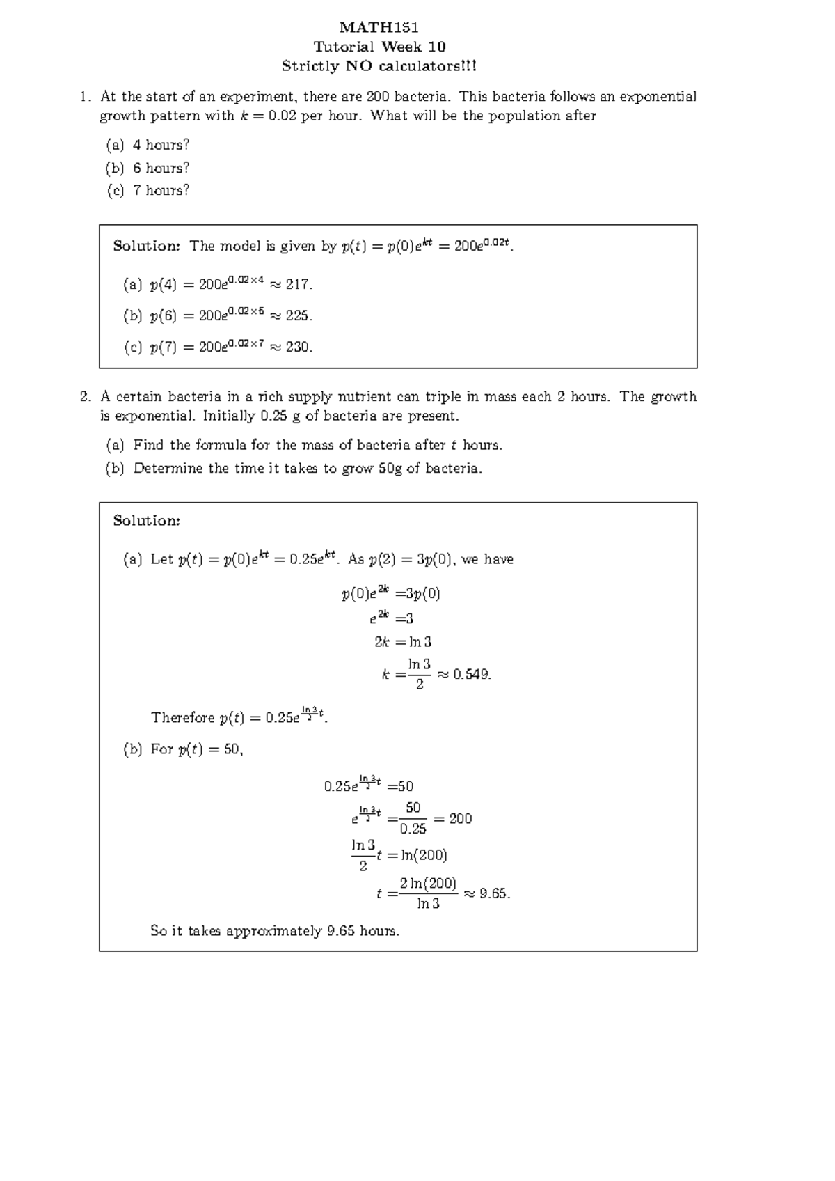 Tutorial week 10 solutions - MATH Tutorial Week 10 Strictly NO ...
