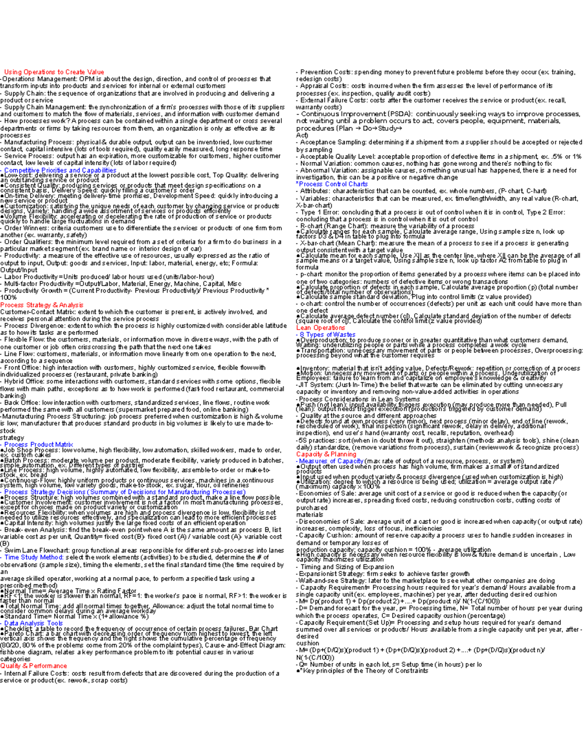 OPM 301: Operations Management Cheat Sheet for Value Creation - Studocu