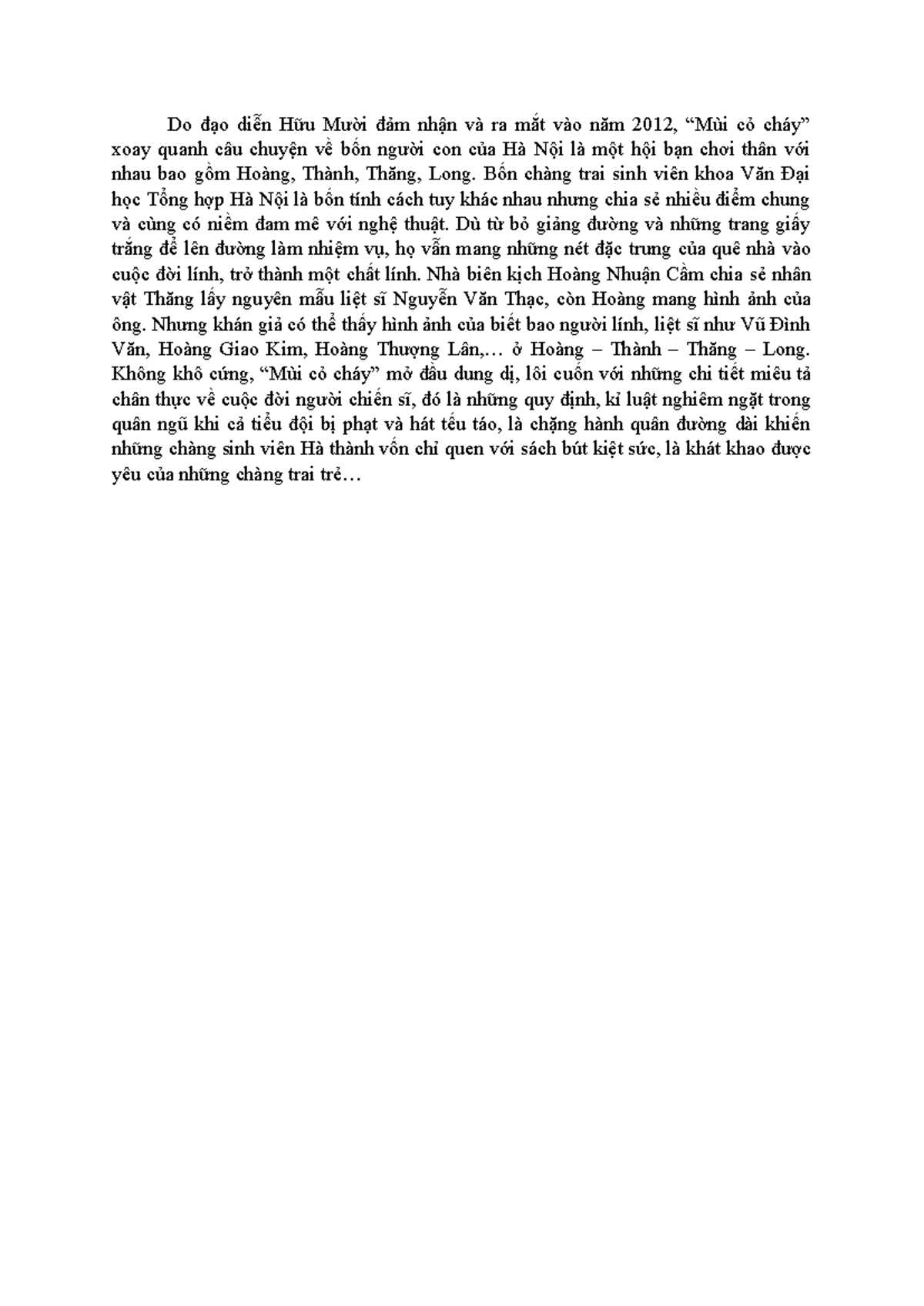Phân Tích Phim Mùi Cỏ Cháy: Tình Bạn và Nghệ Thuật Trong Quân Ngũ - Studocu