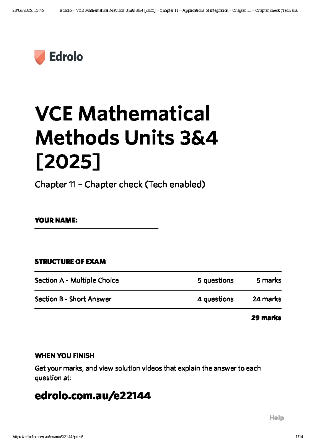 VCE Mathematical Methods Unit 3 & 4: Edrolo Chapter 7 Check (Tech Free ...