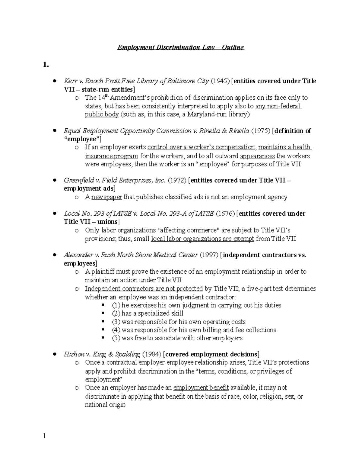 Employment Discrimination Law – Outline - Employment Discrimination Law ...