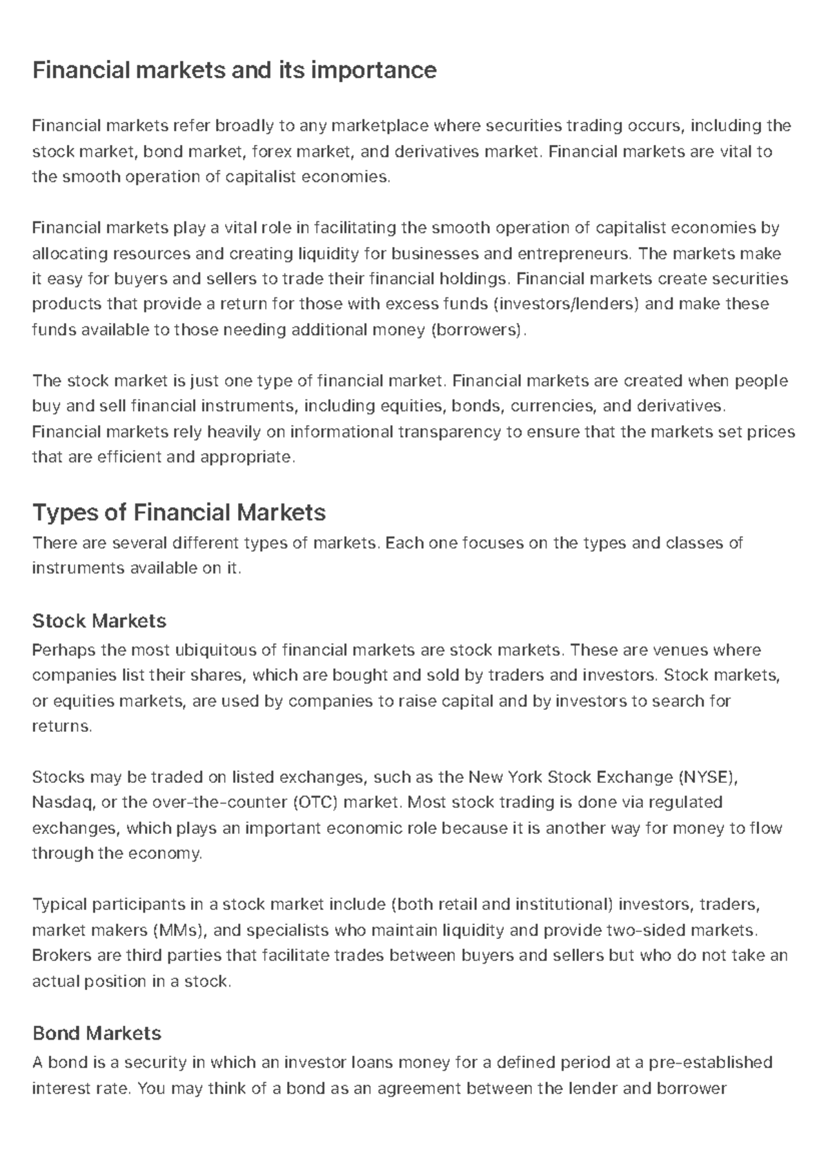 FIN 101: Importance of Financial Markets in Capitalist Economies - Studocu