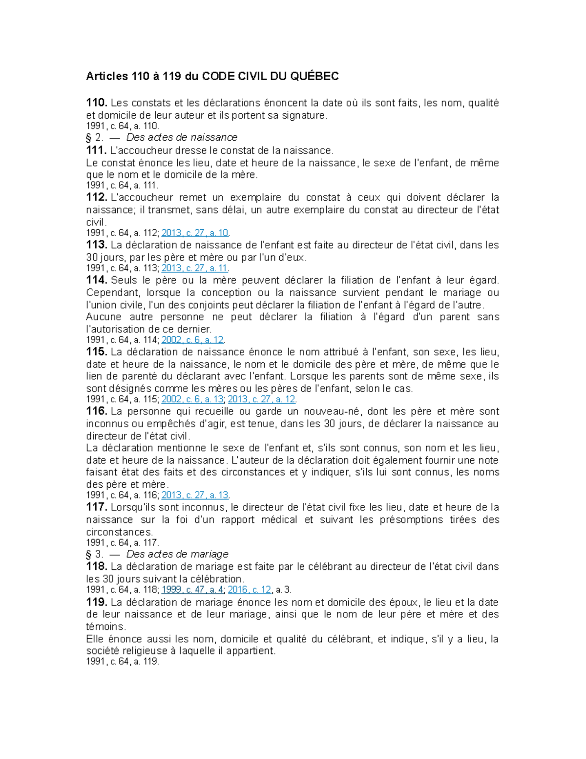 Articles 110 à 119 du code civil du quebec - Articles 110 à 119 du CODE ...