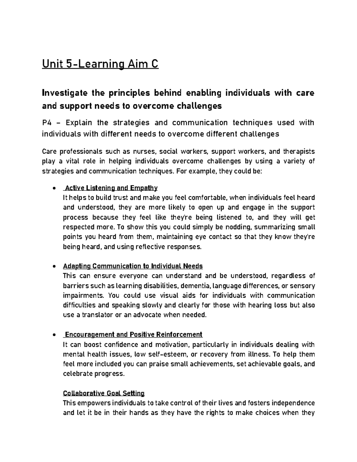 Learning Aim C - Unit 5: Strategies for Supporting Individuals with ...