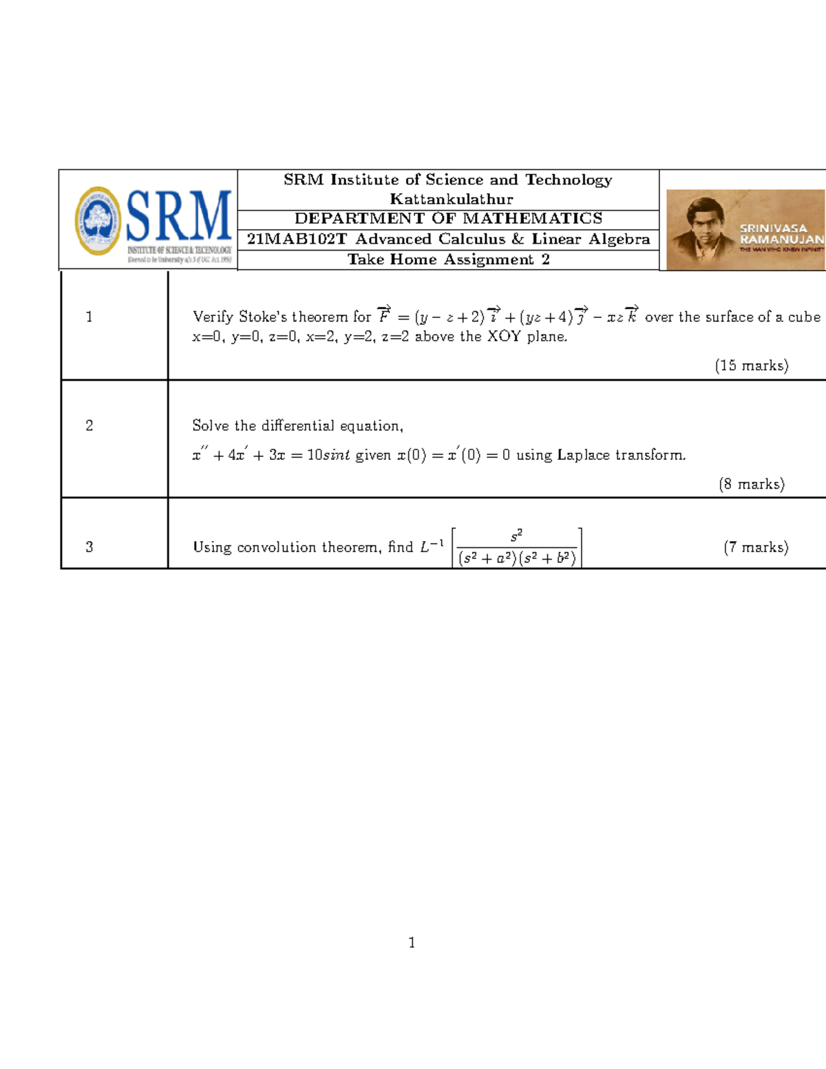 Take Home Assignment 2 - Important questions for semester - SRM ...