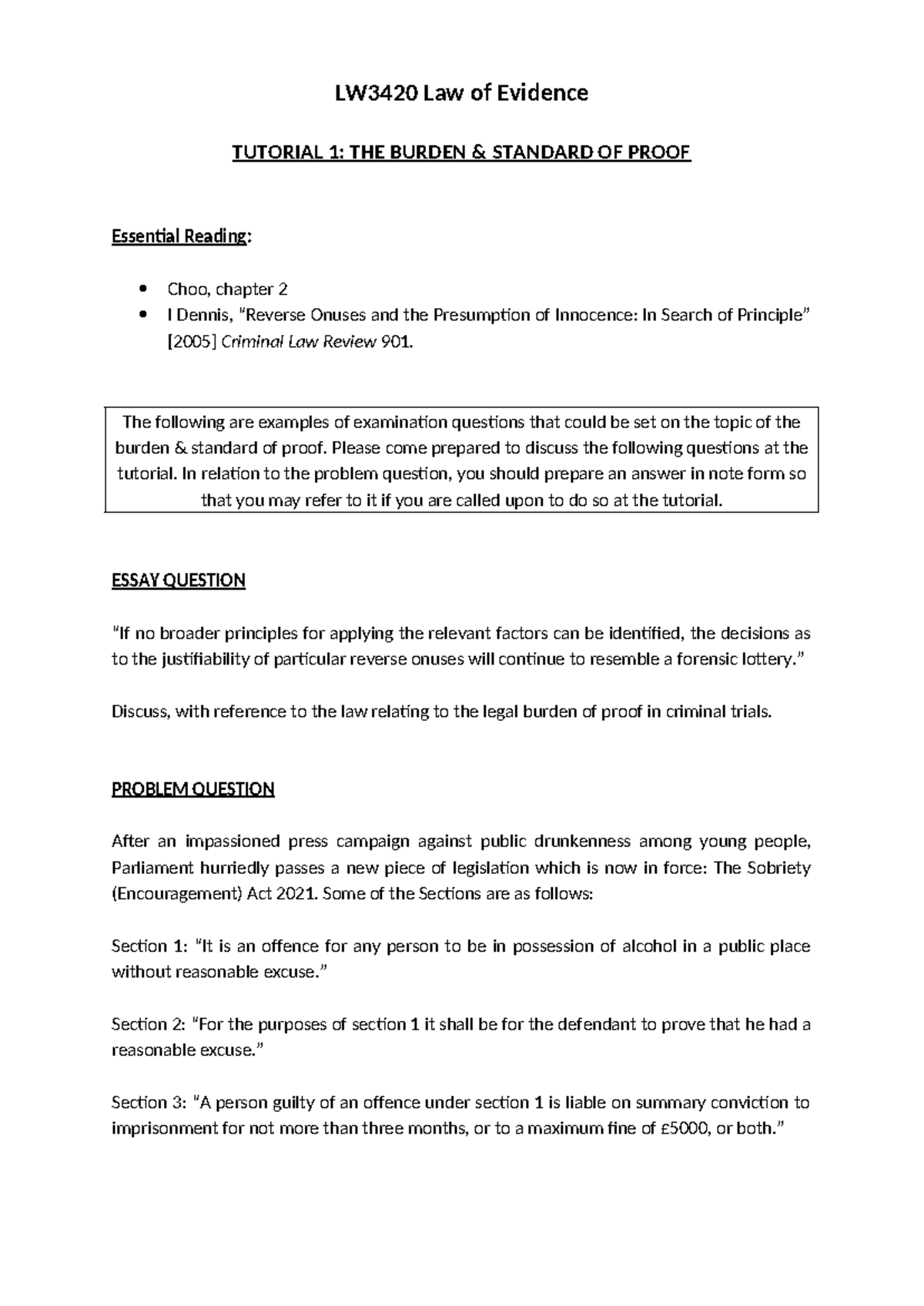 Burden and Standard of proof tutorial 1 - LW3420 Law of Evidence ...