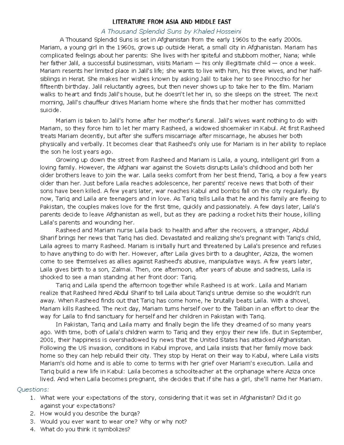Literature: A Thousand Splendid Suns - Themes & Analysis from ASIA & M ...