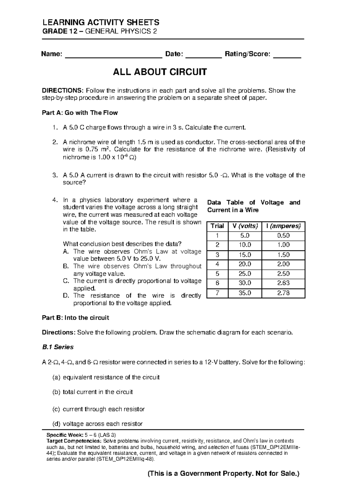 GEN PHYSICS 2 LAS 3: Circuit Analysis & Problem Solving - Studocu