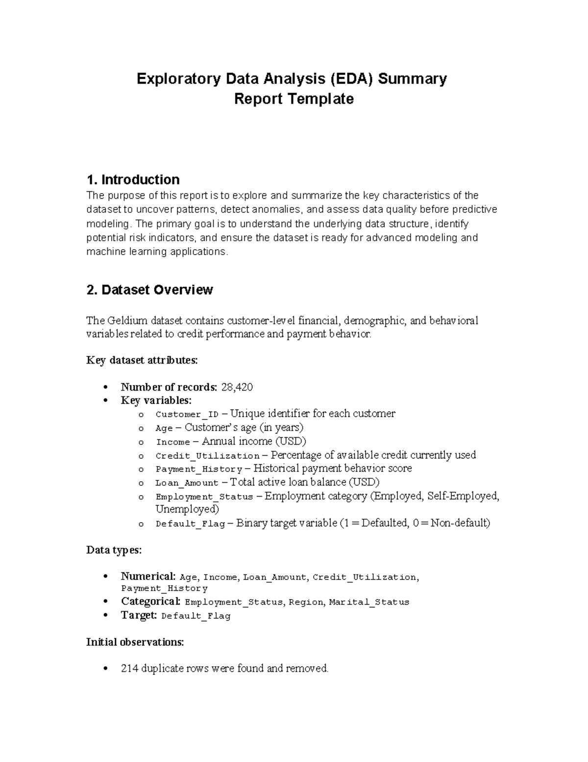EDA Summary Report for Geldium Dataset Analysis (Course Code: EDA ...