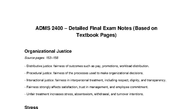 ADMS 2400 Final Exam Notes on Organizational Justice & Stress - Studocu