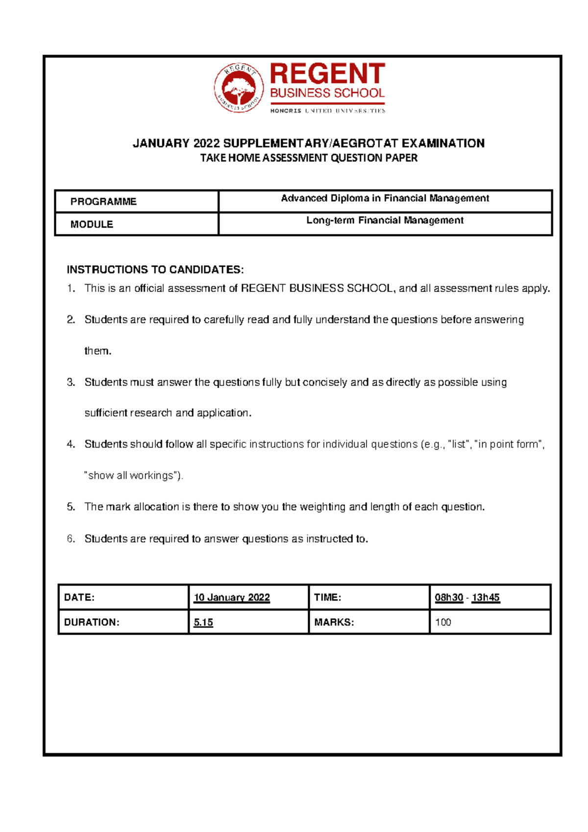 ADF 2022 Take Home Exam: Financial Management Assessment - Studocu