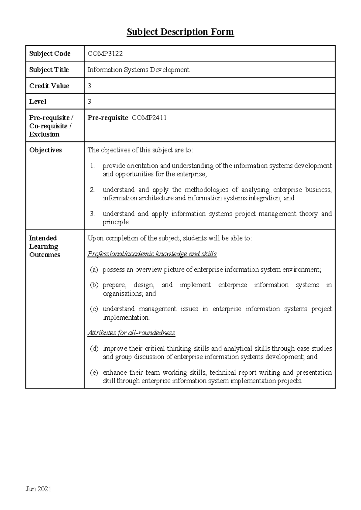 COMP3122 Information Systems Development Subject Overview and Syllabus ...