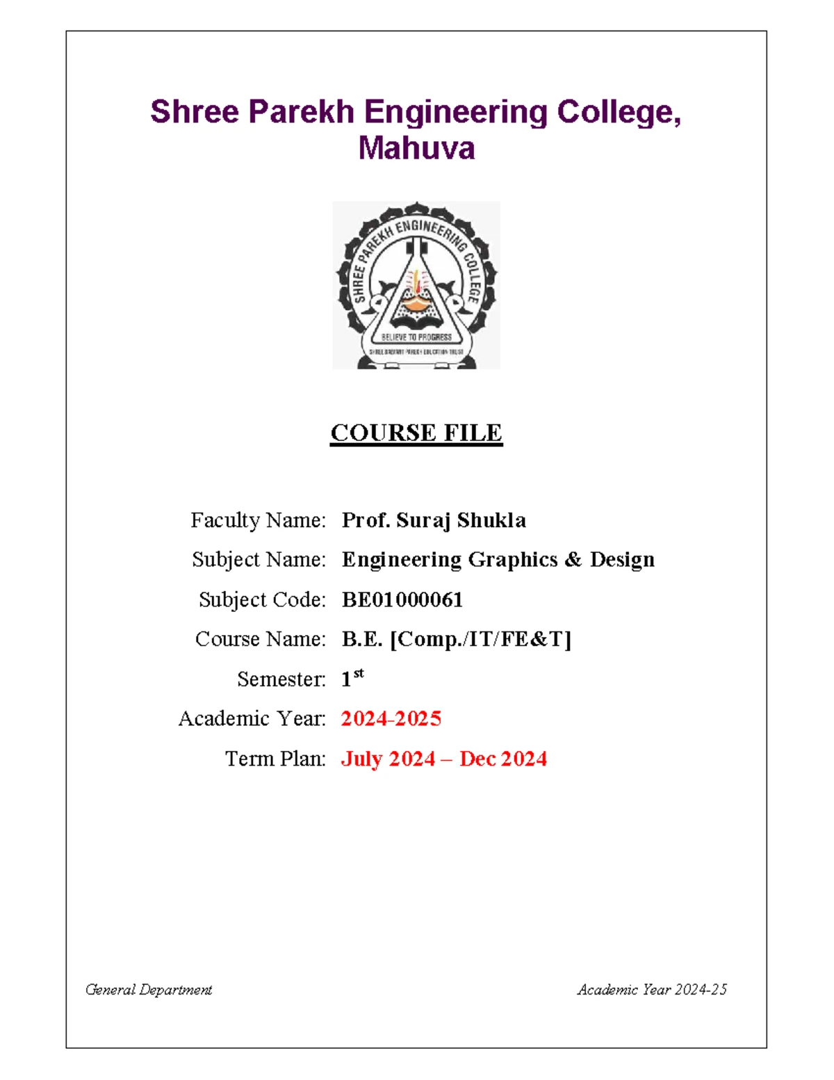EGD 1st Sem Course File - Engineering Graphics Design - Studocu