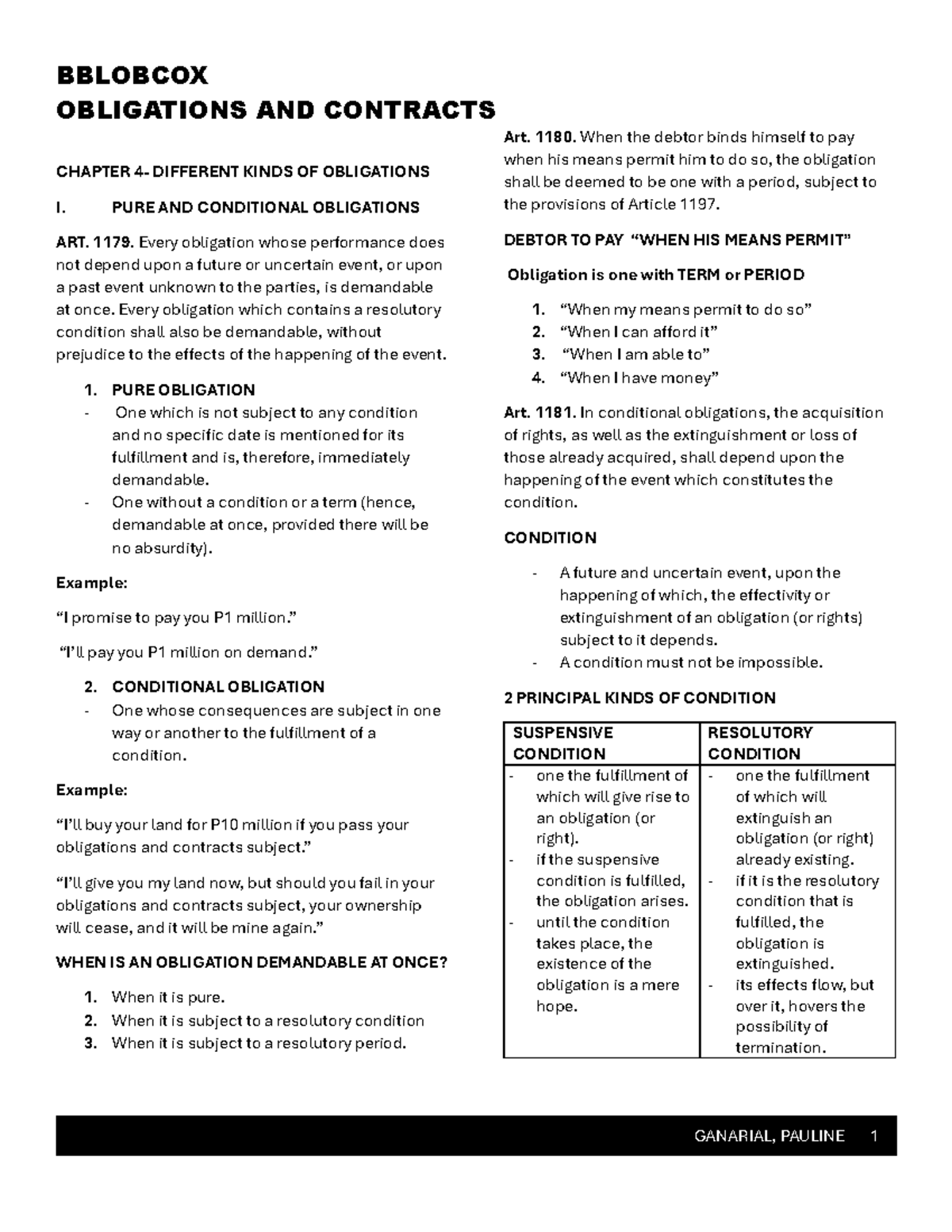 Chapter 4 - Different Kinds of Obligations (OBLICON Reviewer) - Studocu