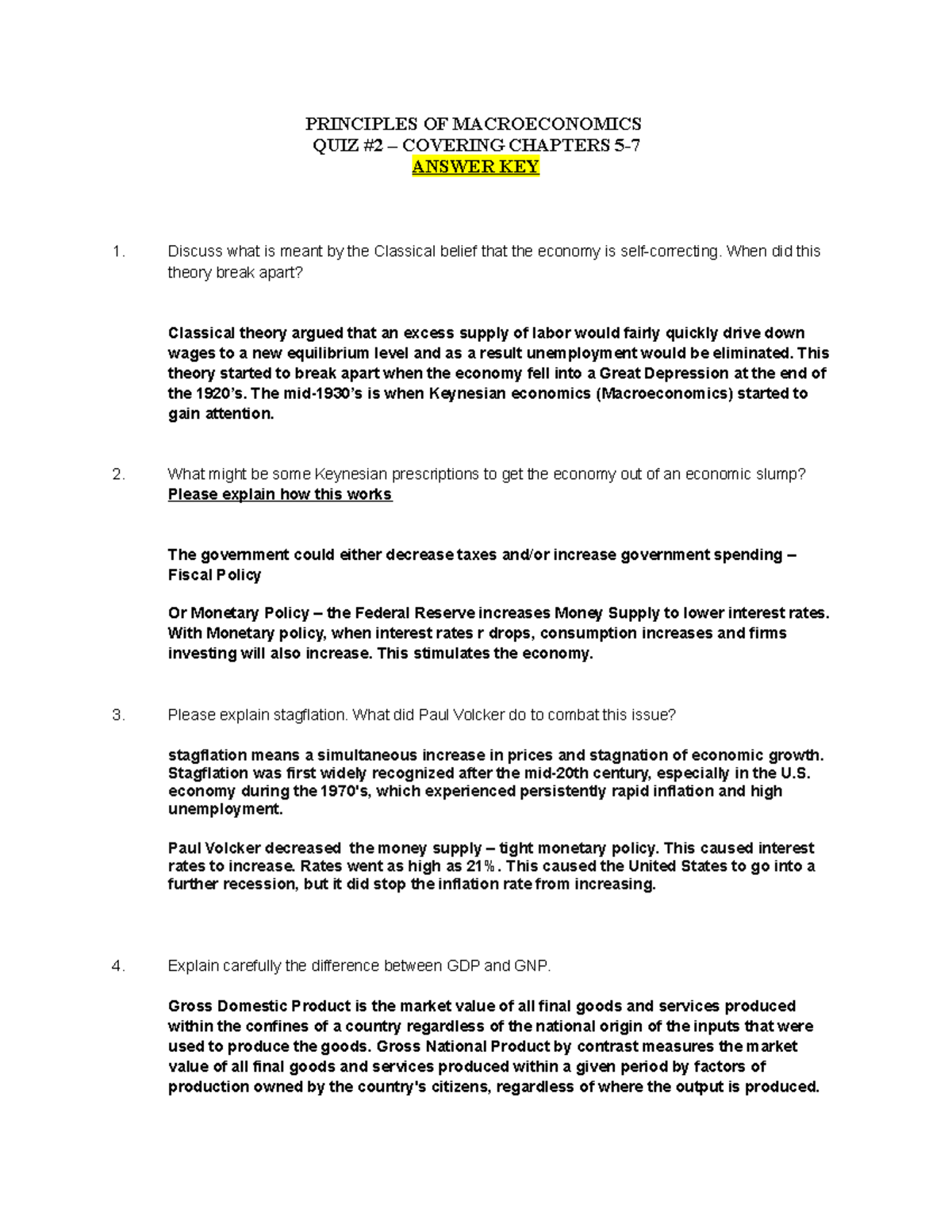 Quiz2 Answers doc - PRINCIPLES OF MACROECONOMICS QUIZ #2 – COVERING ...