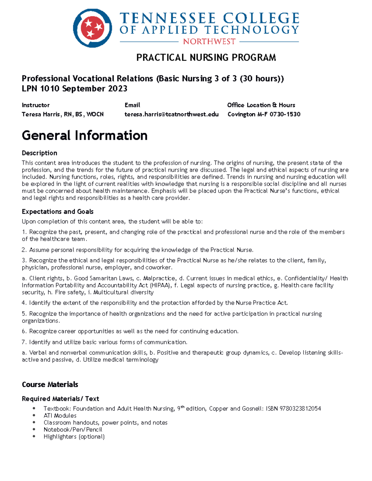 Basic Nursing Syllabus LPN 1010 2023-24: Final Exam Overview - Studocu