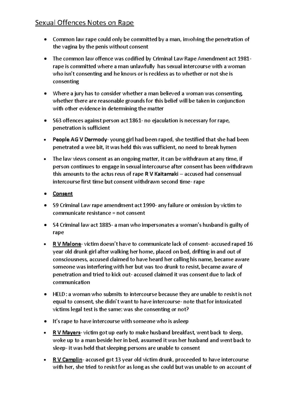 Criminal Law Notes: Key Principles of Rape (LAWS101) - Studocu
